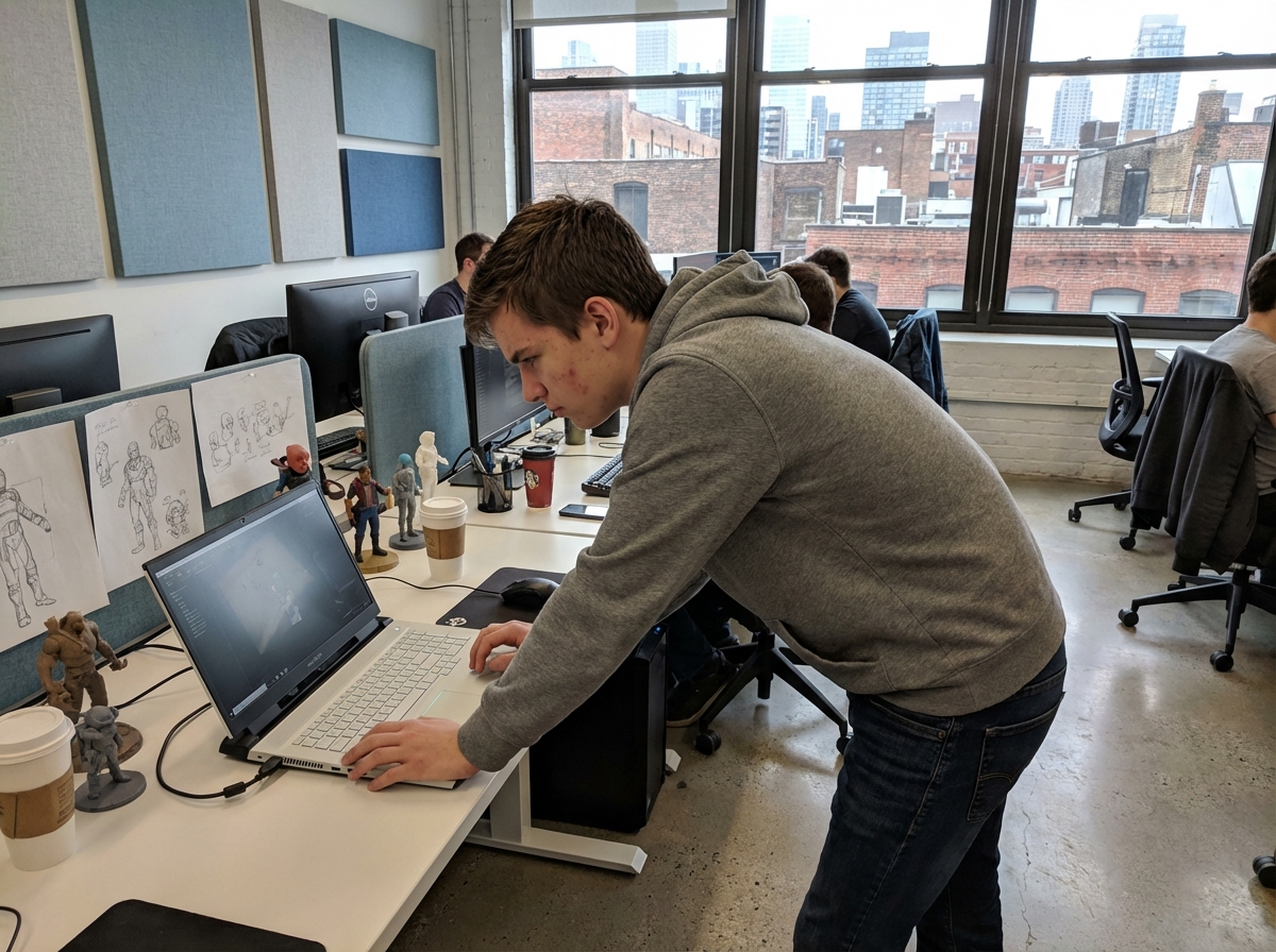 Adolescent jouant sur ordinateur dans un studio de jeux vidéo moderne