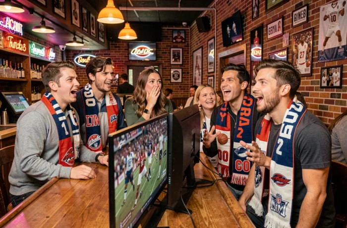 Groupe d'amis regardant les actualités sportives en direct dans un bar