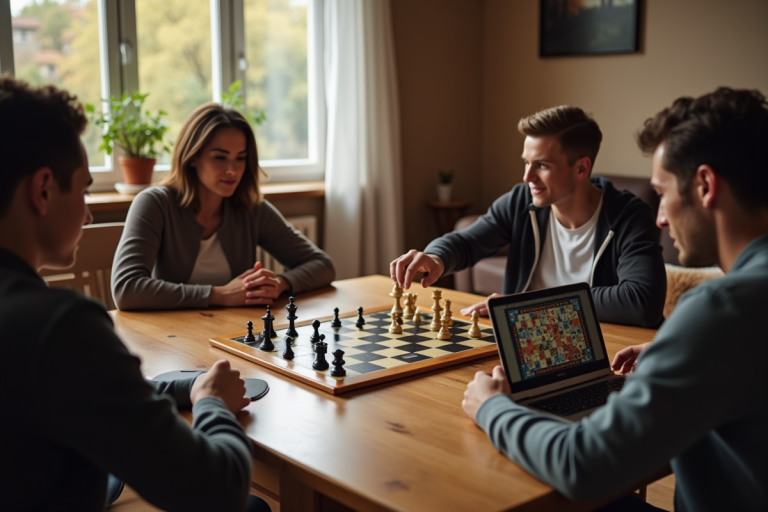 Groupe d'amis jouant à des jeux de société dans un salon lumineux