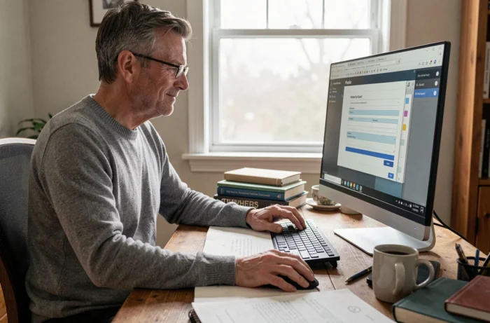 Homme utilisant une application de formulaire PDF interactif sur un grand écran dans un bureau à domicile