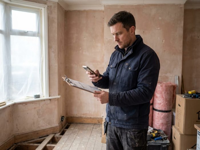 Artisan photographiant une facture de travaux de rénovation pour constituer un dossier prime renov