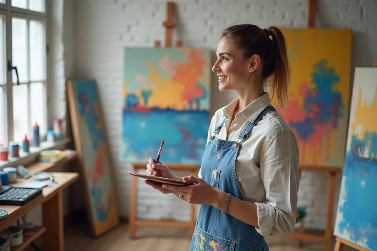 Femme artiste dans son studio avec toile abstraite