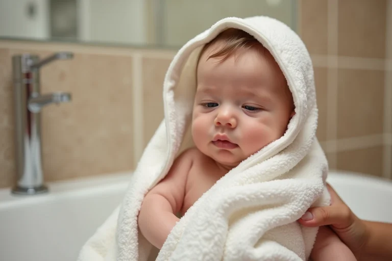 Bébé de six mois dans une serviette blanche douce