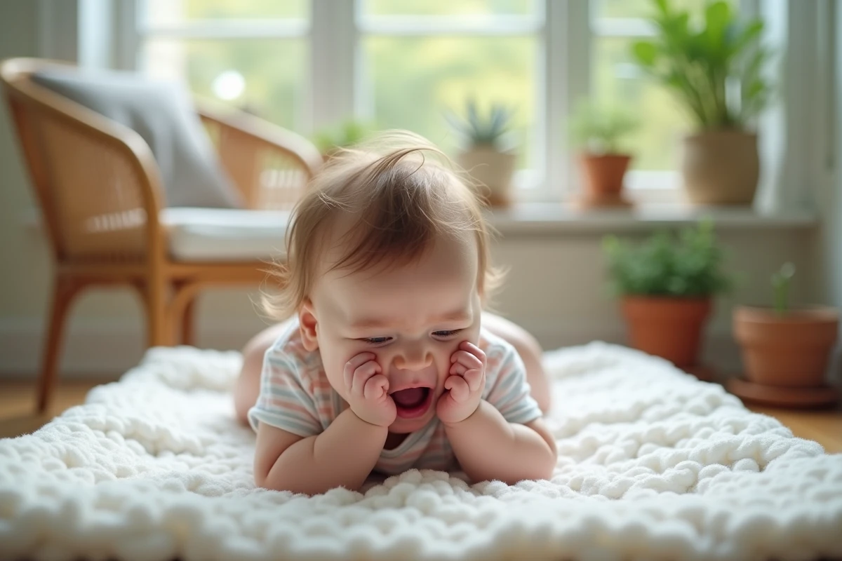 Bébé de huit mois dans un salon de bain en pleine détente