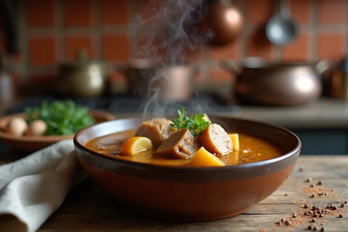 Bol de bouillon de pied de porc riche en collagène servi dans une cuisine rustique traditionnelle