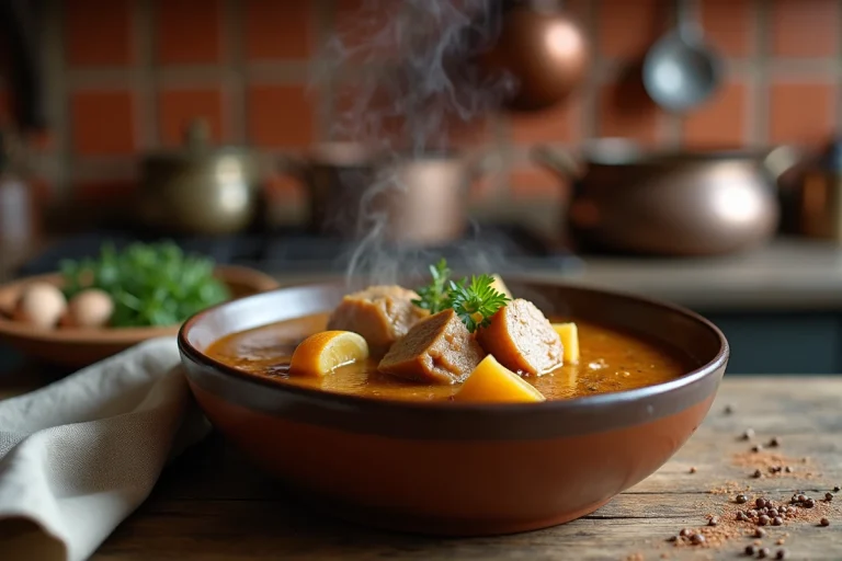 Bol de bouillon de pied de porc riche en collagène servi dans une cuisine rustique traditionnelle