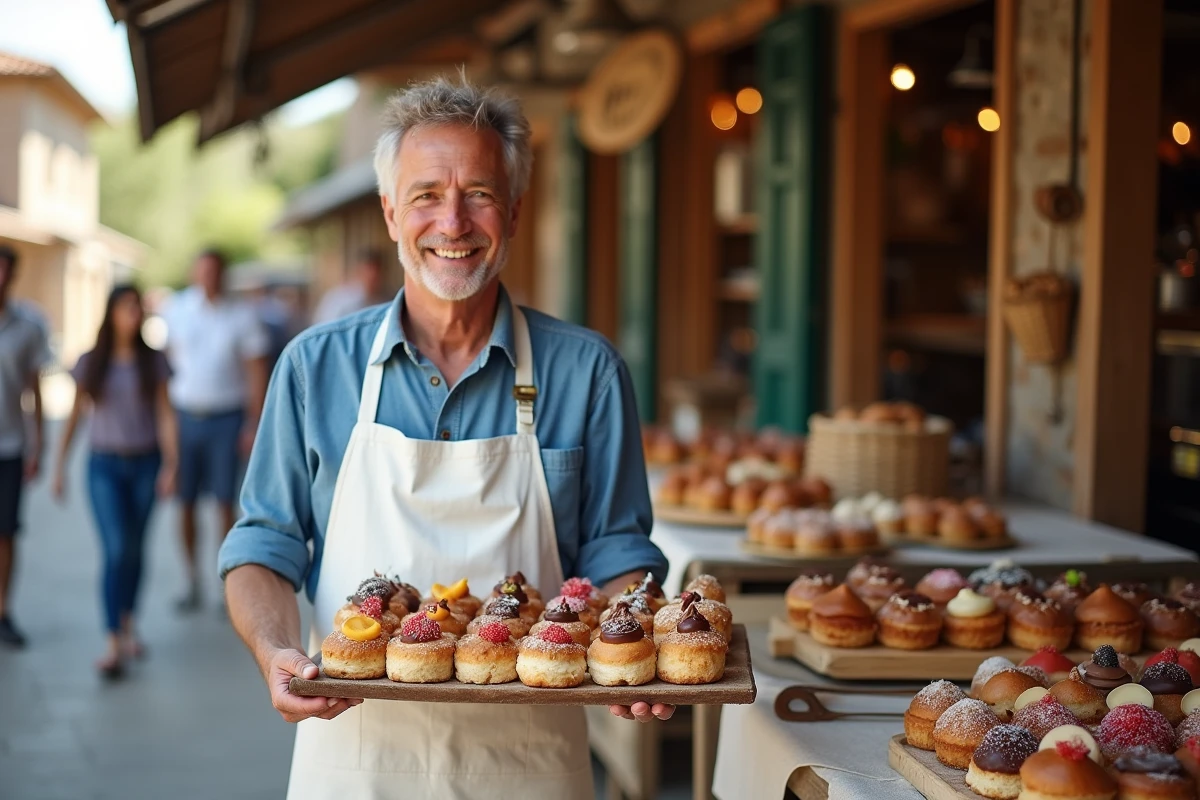 Boulanger artisan présentant des douceurs colorées au marché en plein air