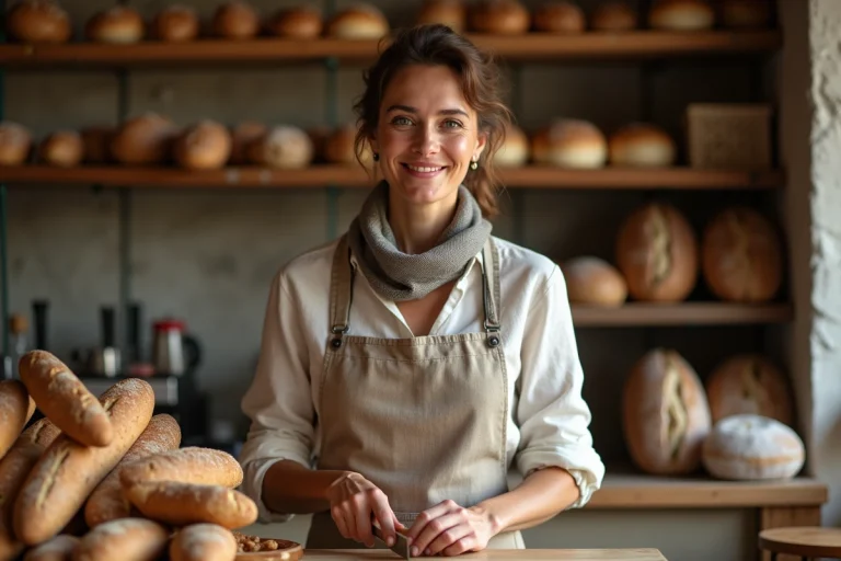 Femme française souriante derrière le comptoir d'une boulangerie artisanale