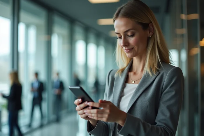 Femme en blazer consultant une application boursière avec un message d'erreur sur son smartphone