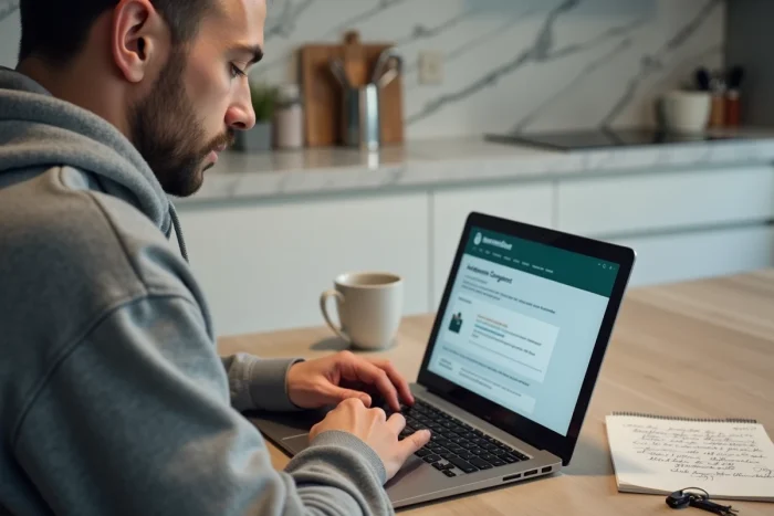 Personne effectuant un changement d'adresse en ligne sur un ordinateur portable dans une cuisine
