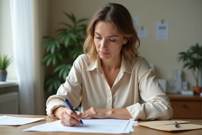 Femme remplissant un formulaire de changement d'adresse à son bureau à domicile