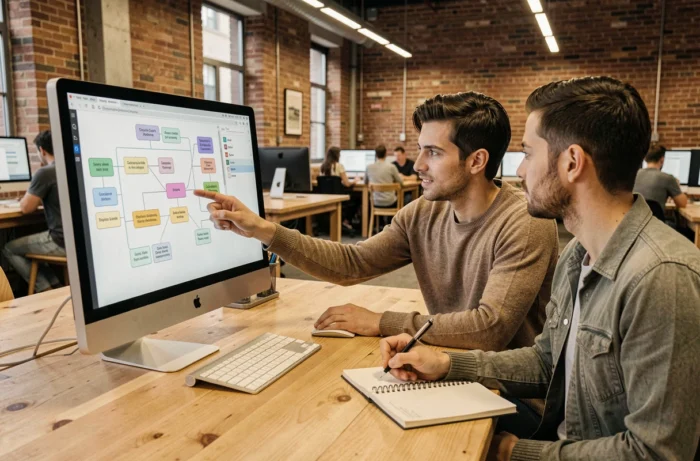 Deux collègues explorant ensemble un plan de site web dans un espace de co-working