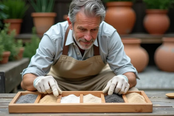 Jardinier artisan comparant différents types de sable pour jardin japonais sur un plateau en bois dans une pépinière spécialisée