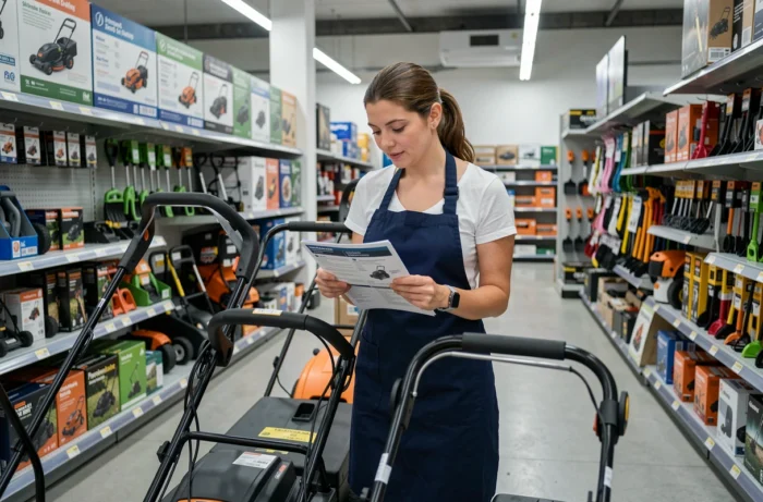 Femme comparant deux tondeuses électriques dans un rayon de magasin de jardinage