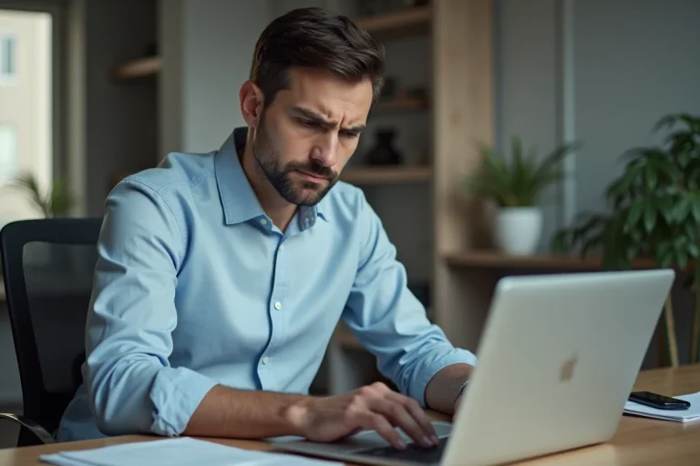 Homme frustré devant son ordinateur portable avec une interface de trading bloquée sur Bourse Direct