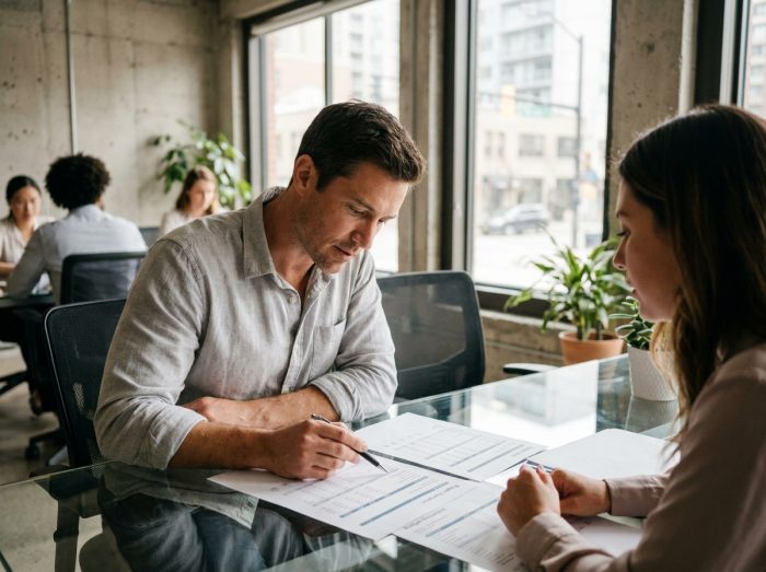 Homme consultant un conseiller financier pour préparer son budget avec une simulation de portage salarial