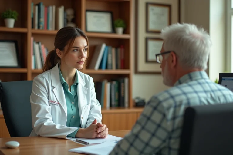 Médecin généraliste en consultation de suivi médical avec un patient âgé dans un cabinet médical chaleureux