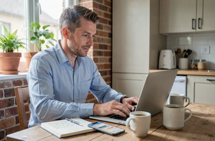 Homme contactant un organisateur de mariage par email depuis son domicile