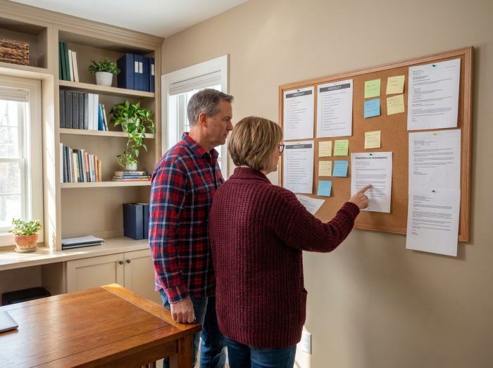 Couple passant en revue la liste des démarches administratives pour bénéficier de la prime rénovation énergétique