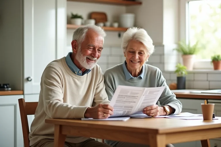 Couple retraité souriant lisant une newsletter à la maison