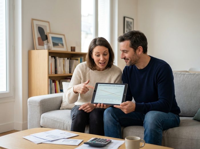 Couple dans la trentaine examinant ensemble une simulation de regroupement de crédits sur une tablette dans leur salon