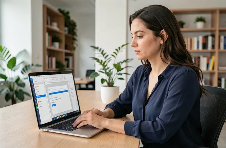 Femme professionnelle créant un formulaire PDF interactif sur un ordinateur portable dans un bureau moderne