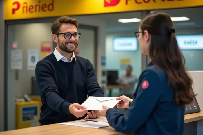 Homme déposant une enveloppe de changement d'adresse à un guichet de la Poste