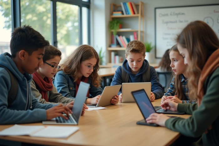 Groupe d'élèves collabore autour d'une table en classe