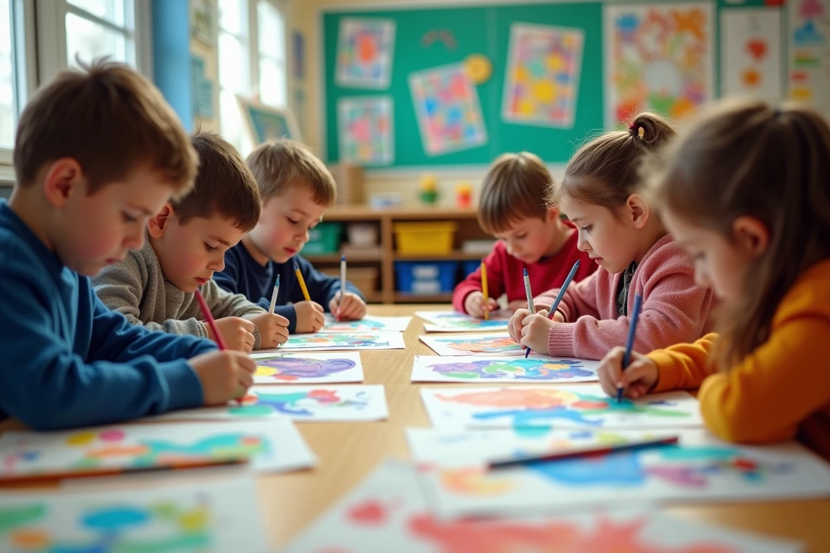 Enfants dessinant avec des crayons colorés dans une classe d