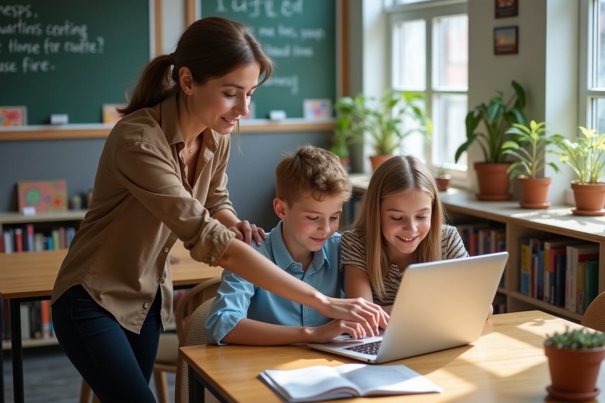 Professeure guidant deux adolescents dans une bibliothèque scolaire