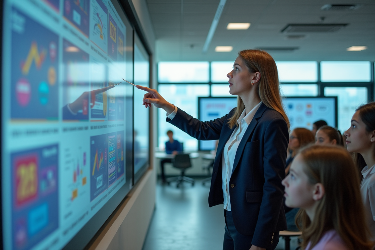 Professeure montre une leçon digitale sur un tableau interactif