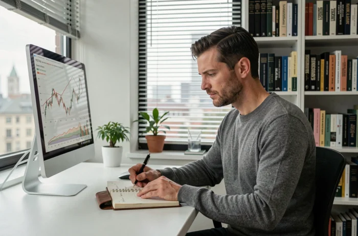 Entrepreneur masculin concentré analysant des graphiques financiers dans un bureau à domicile minimaliste, représentant la stratégie et la planification pour réussir en affaires