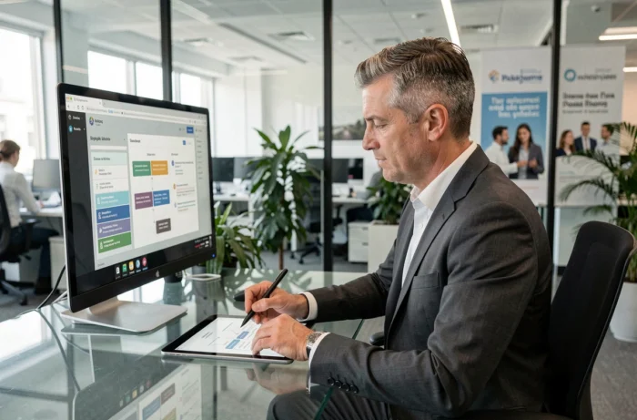 Entrepreneur masculin examinant des présentations de startups dans un bureau high-tech moderne