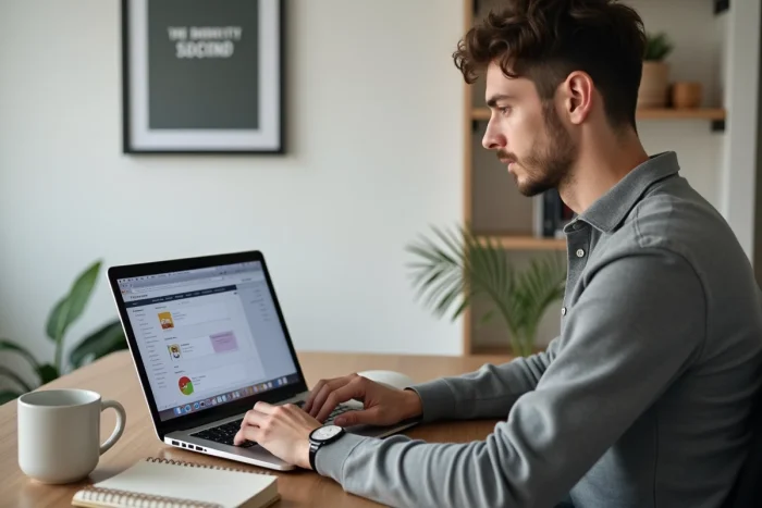 Jeune entrepreneur travaillant sur une stratégie de visibilité en ligne depuis un espace de travail minimaliste