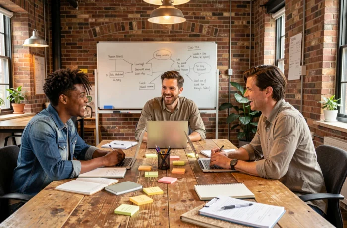 Équipe de professionnels diversifiés en séance de brainstorming autour d'une table en bois dans un espace de coworking créatif, illustrant la collaboration et l'innovation en entreprise