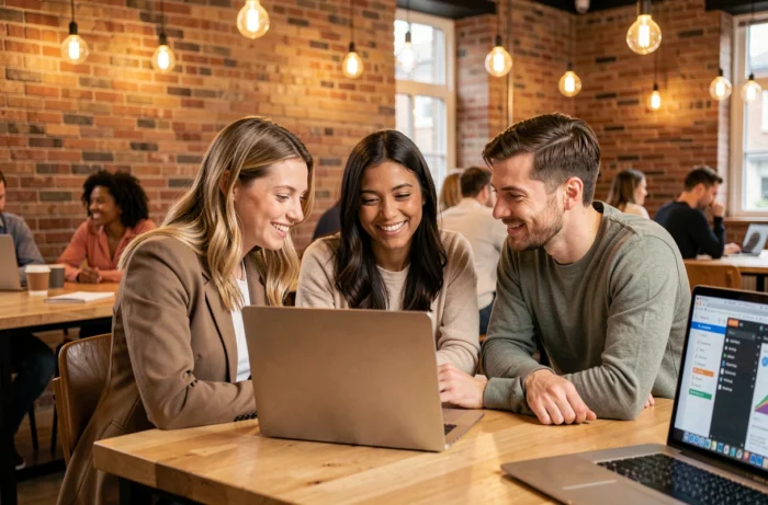 Une équipe collaborative travaille sur une stratégie de présence numérique dans un espace de coworking moderne