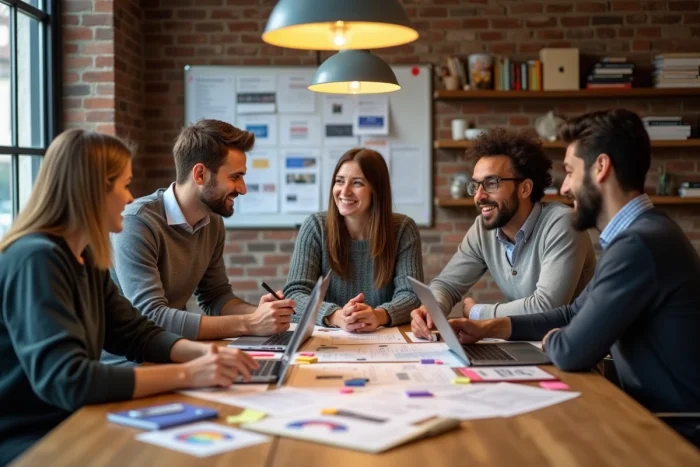 Équipe marketing en réunion créative autour d'une table avec des moodboards et des ordinateurs portables