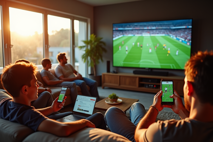 Fans de sport regardant un match dans un salon moderne