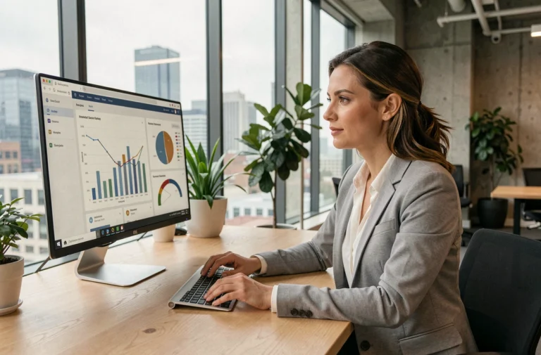 Une femme professionnelle analyse des tableaux de bord numériques pour améliorer la présence en ligne de son entreprise