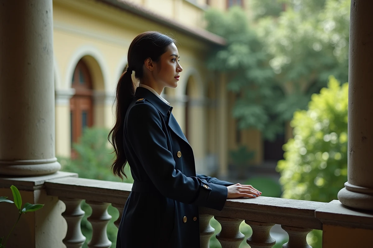 Jeune femme regardant un jardin depuis un balcon