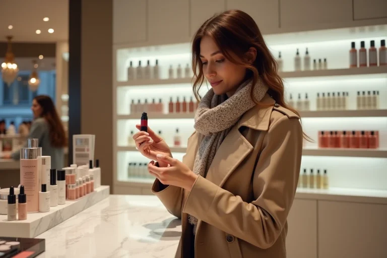 Femme élégante testant du maquillage dans un grand magasin parisien