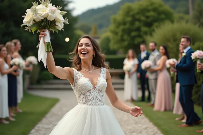 Mariée joyeuse lance son bouquet en extérieur