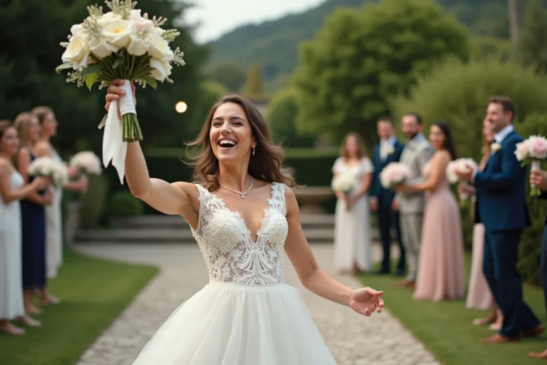 Mariée joyeuse lance son bouquet en extérieur