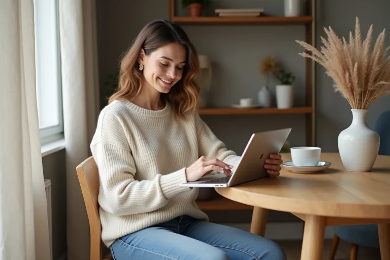 Femme assise à une table en déco intérieure chaleureuse
