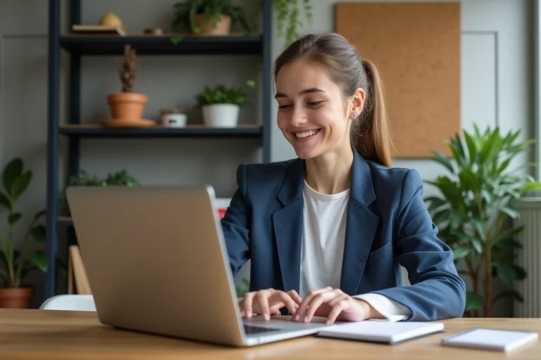 Jeune femme en bureau moderne avec ordinateur portable