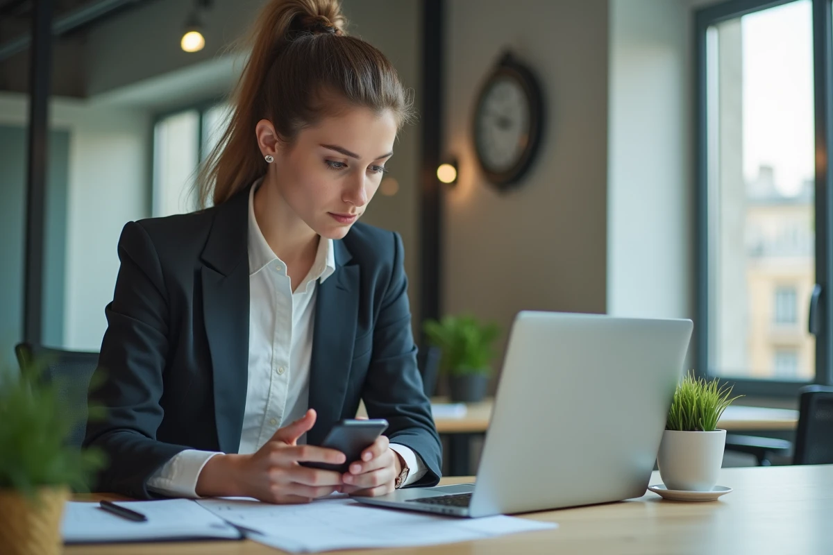 Jeune femme d affaires utilisant son smartphone au bureau