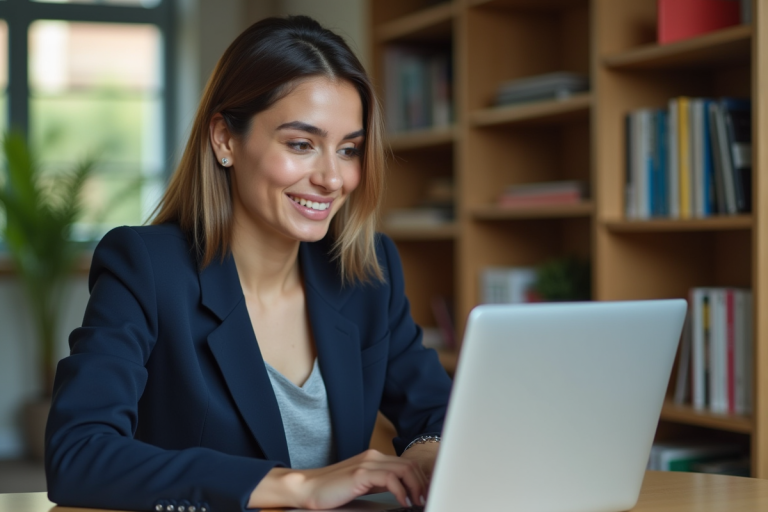 Femme en blazer navy travaillant sur son ordinateur dans un bureau universitaire