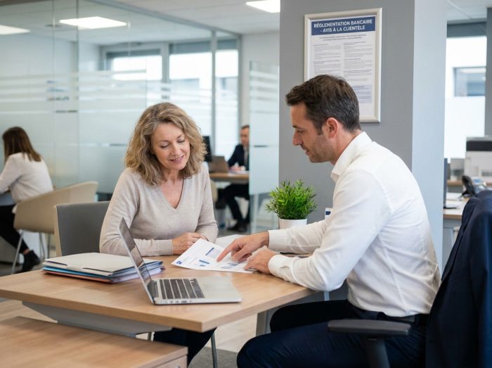 Femme de 50 ans en rendez-vous avec un conseiller bancaire pour discuter d'un rachat de crédits dans une agence professionnelle