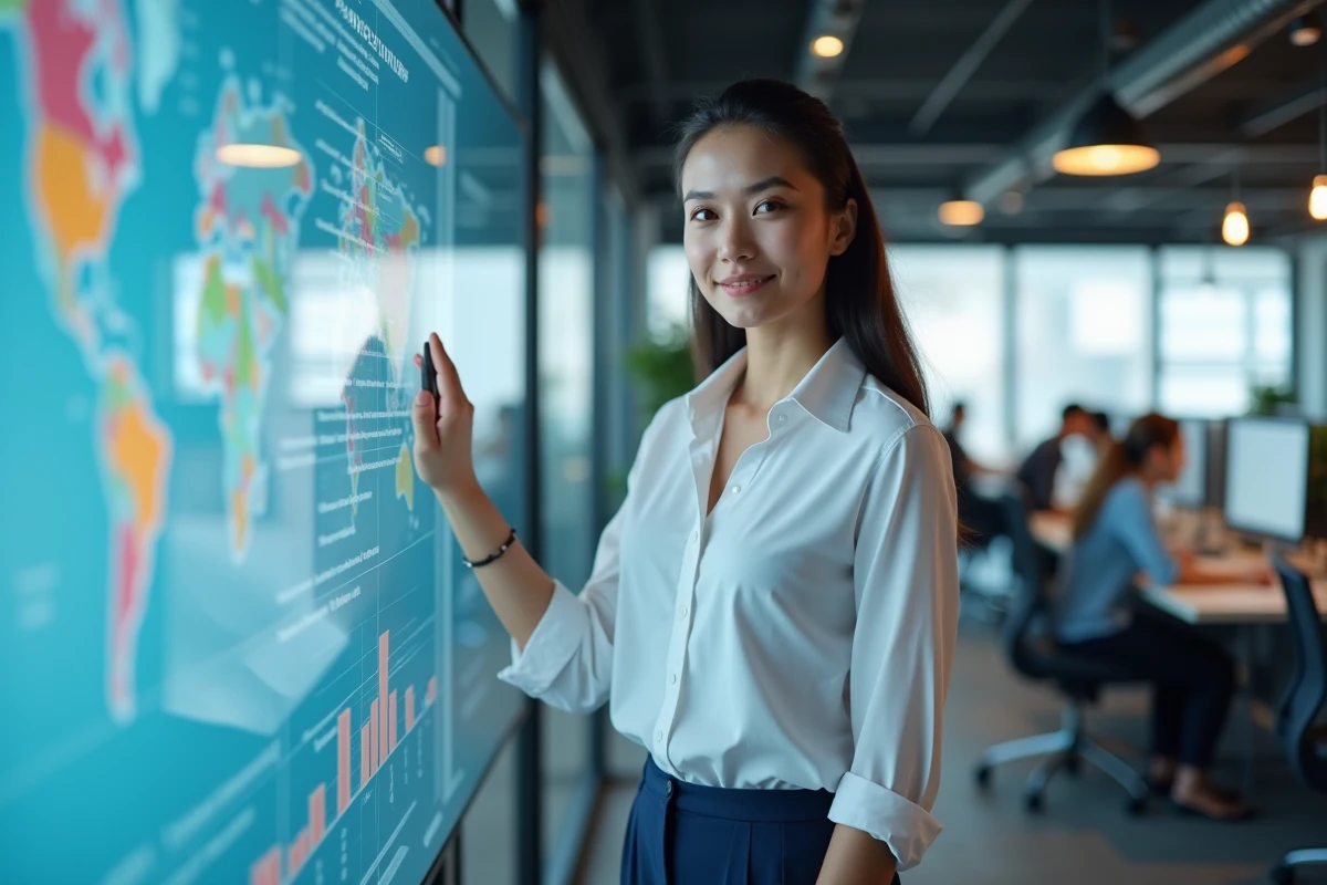 Jeune femme devant un tableau digital avec graphiques colorés