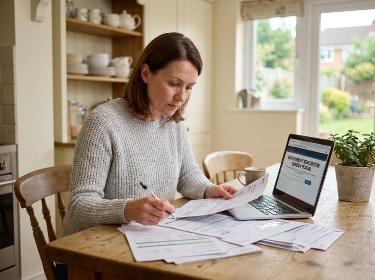 Femme consultant les documents de la prime rénovation énergétique sur son ordinateur portable à la table de cuisine